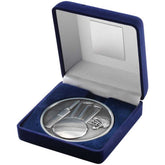BLUE VELVET BOX AND 70mm MEDALLION CRICKET TROPHY ANTIQUE SILVER - 4in